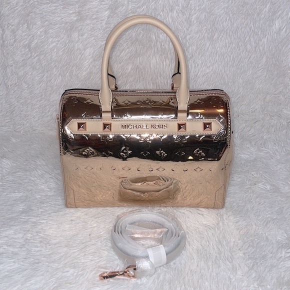 Michael Kors Handbags - Michael Kors Kara Mirror Metallic Embossed Large Duffle Satchel Bag in Rose Gold